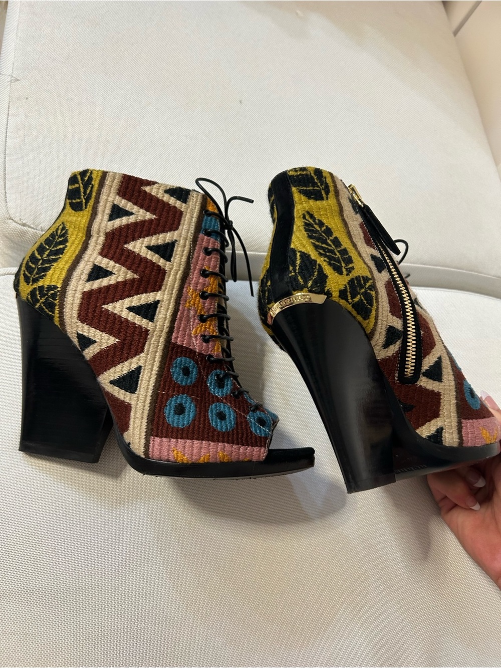 Burberry Prorsom Vintage tapestry lace up peep toe ankle boots